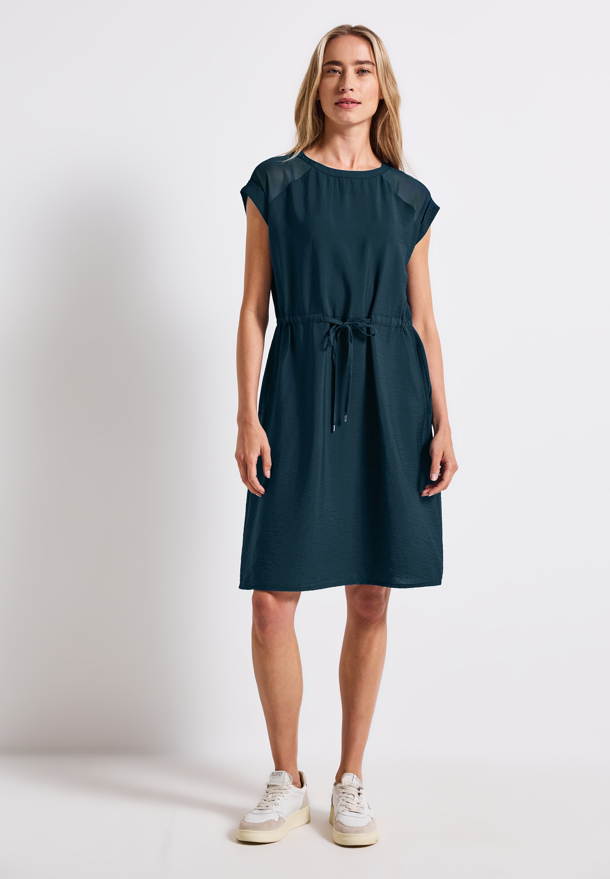 Sommerkleid STREET ONE, Damen, Gr. 38, EURO-Größen, blau (tide blau), Stoff, 88% Viskose, 12% Polyamid, unifarben, normal knielang, Rundhals, abgesteppt, Kleider Sommerkleid, in Unifarbe