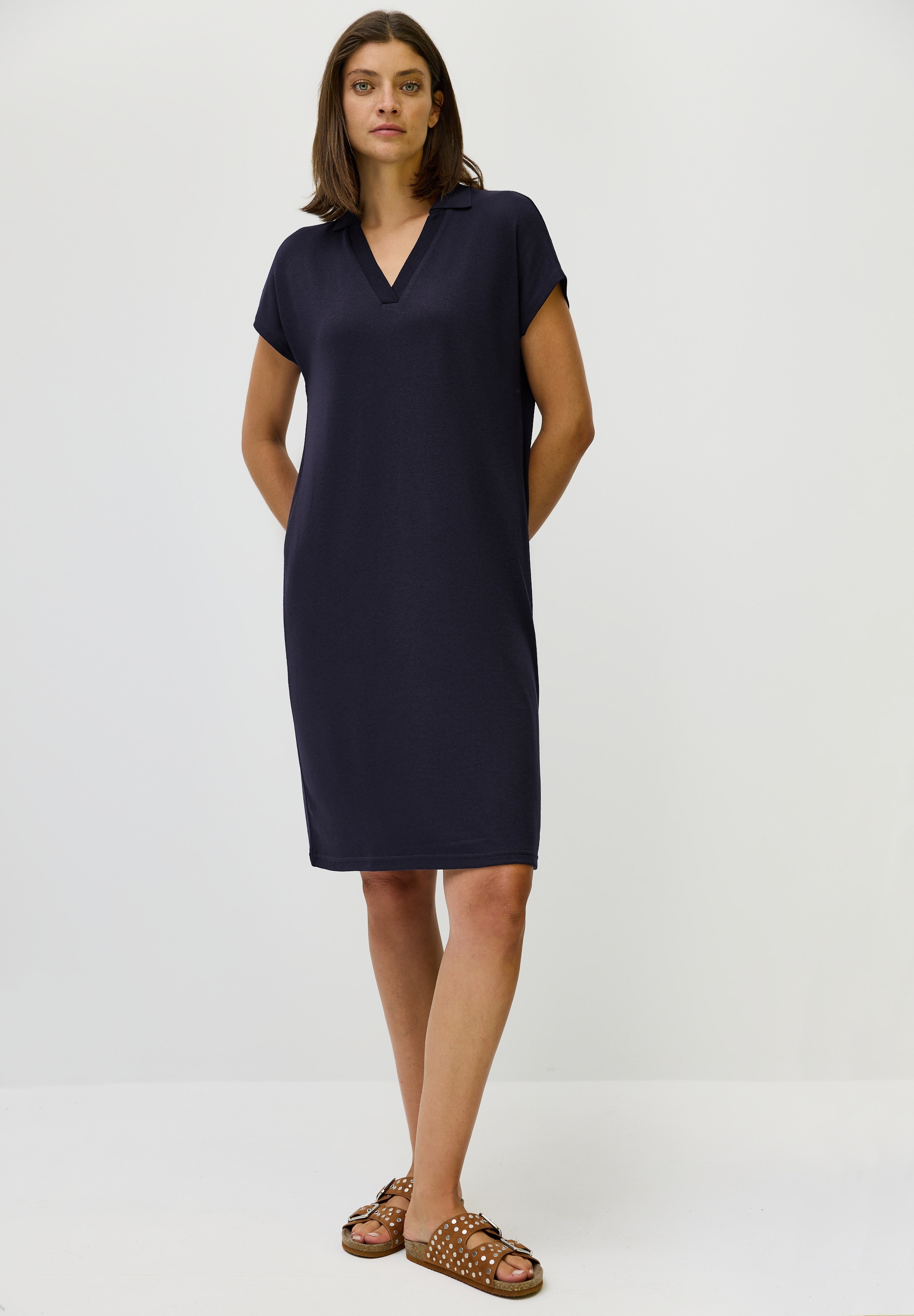 Sommerkleid CECIL, Damen, Gr. S (38), US-Größen, blau (urban dunkelblau), Stoff, 78% Viskose, 17% Polyester, 5% Elasthan, gemustert, normal knielang, V-Ausschnitt, abgesteppt, Kleider Sommerkleid, knielang