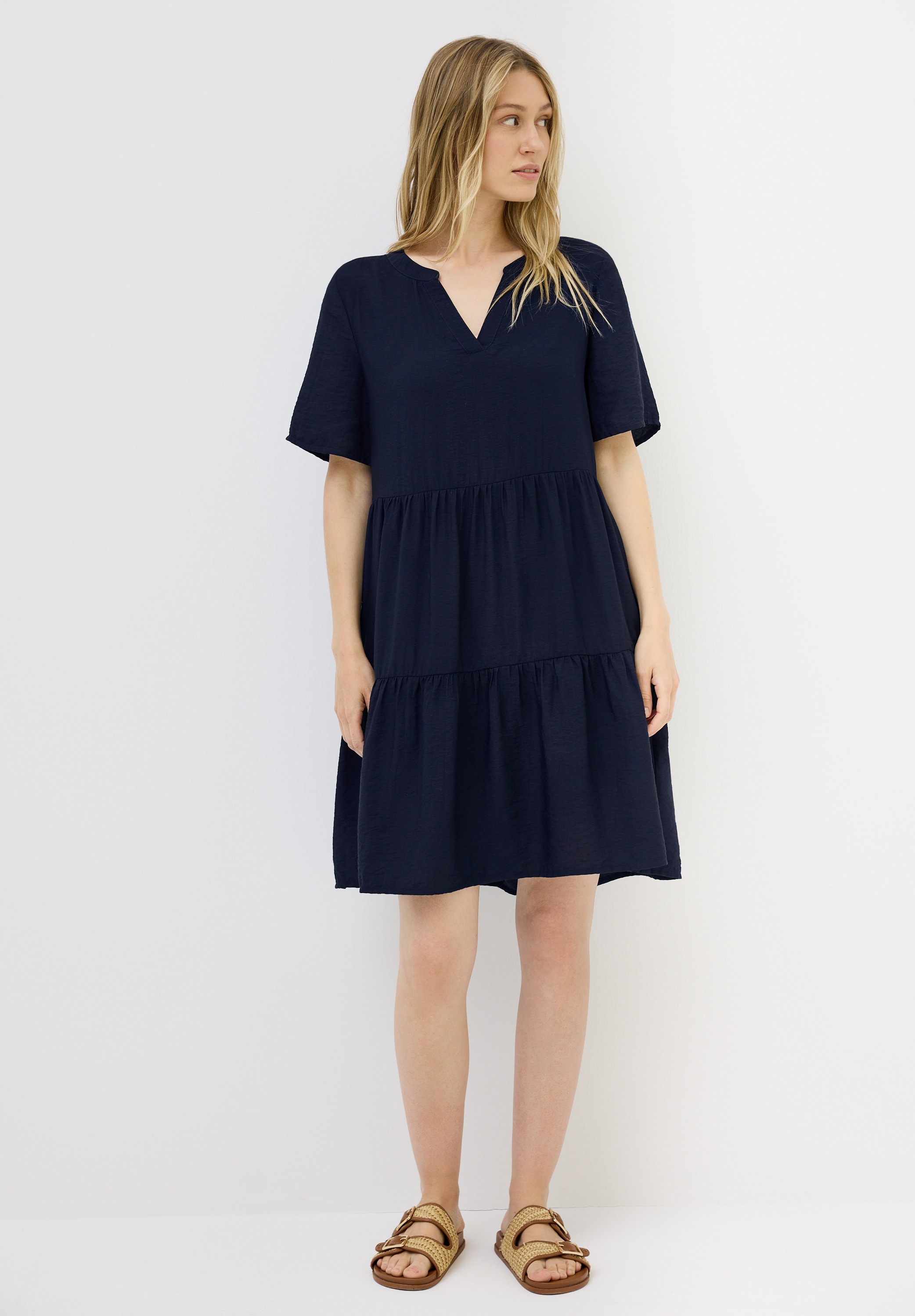 Sommerkleid CECIL, Damen, Gr. L (42), US-Größen, blau (urban navy blau), Stoff, 95% Viskose, 5% Nylon, unifarben, normal knieumspielend, V-Ausschnitt, angesetztes Bündchen, Kleider Sommerkleid, in Unifarbe