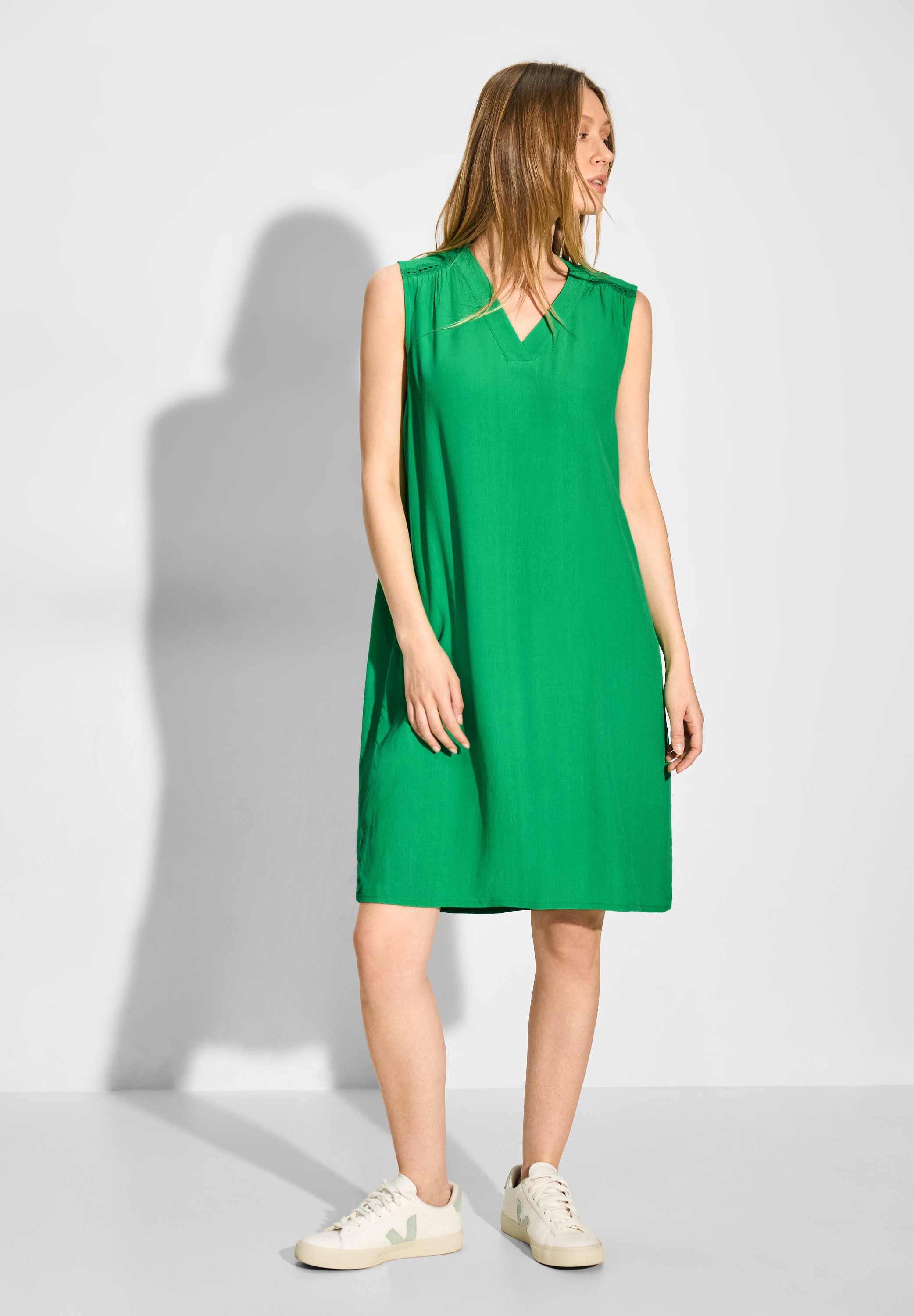 Sommerkleid CECIL, Damen, Gr. XXL (46), US-Größen, grün (fresh apple grün), Stoff, 100% Viskose, unifarben, gerade kurz, V-Ausschnitt, Bündchen, Kleider Sommerkleid, in Crepe Optik