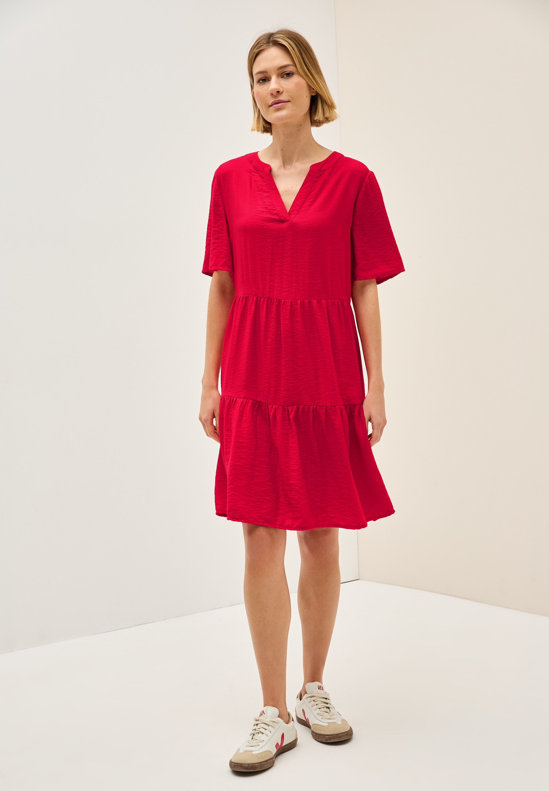 Sommerkleid CECIL, Damen, Gr. XL (44), US-Größen, rot (glazed apple rot), Stoff, 95% Viskose, 5% Nylon, unifarben, normal knieumspielend, V-Ausschnitt, angesetztes Bündchen, Kleider Sommerkleid, in Unifarbe