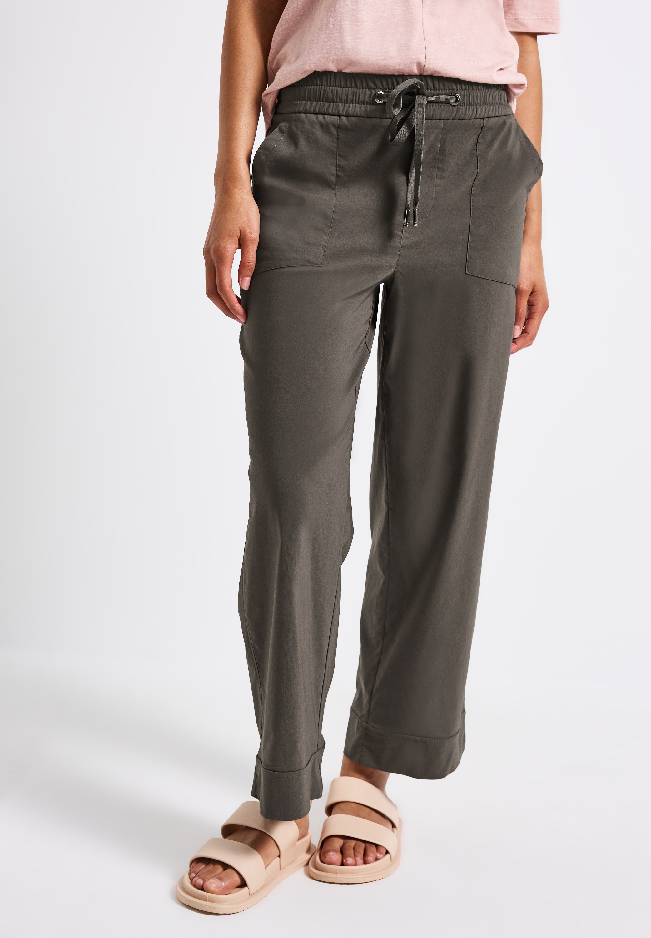 Bermudas STREET ONE, Damen, Gr. 38, Länge 28, braun (nomad braun), Web, 66% Baumwolle, 30% Polyester, 4% Elasthan, unifarben, comfort fit normal, Hosen Bermudas, High Waist