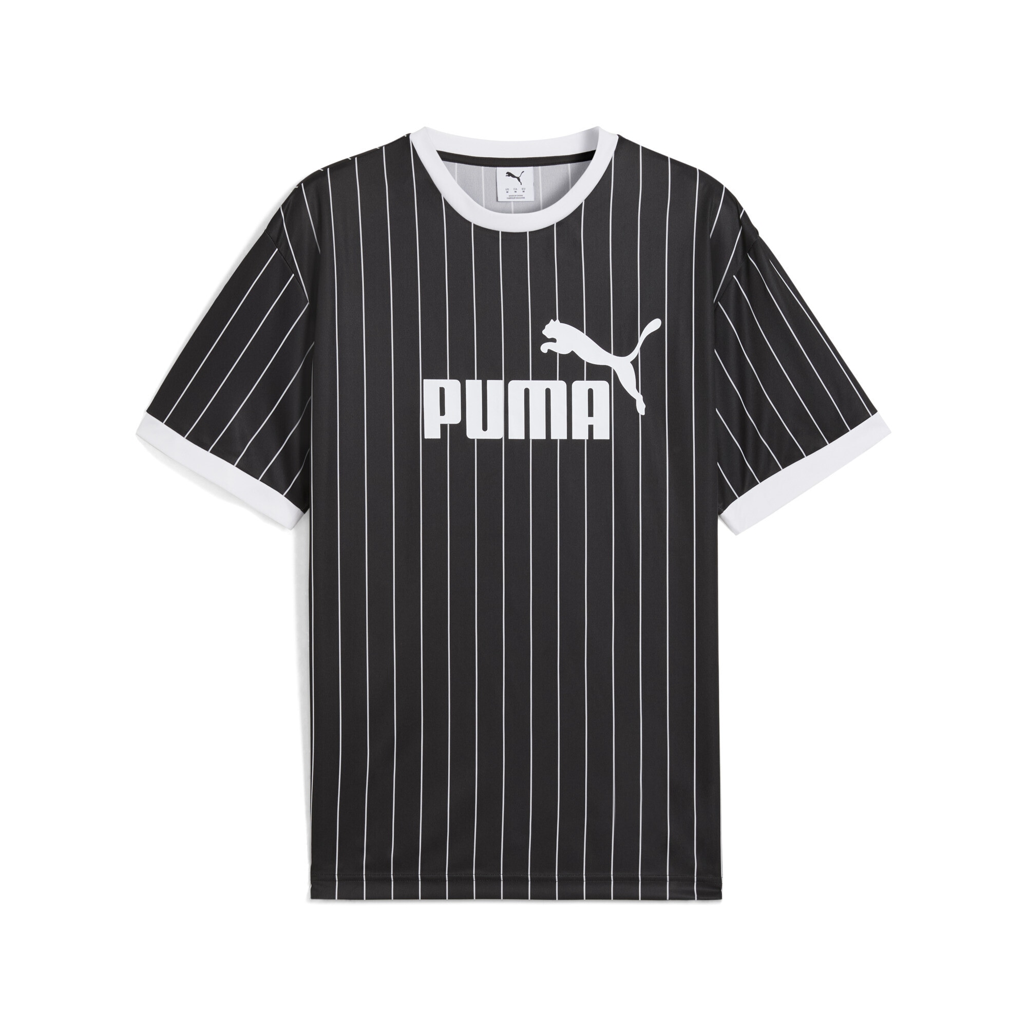 Trainingsshirt PUMA "Essentials Gestreiftes Trikot Herren", Herren, Gr. S, schwarz, Obermaterial: 100% Polyester; Ärmelbund: 100% Polyester; Kragen: 100% Polyester, clean, relaxed fit, V-Ausschnitt, Shirts