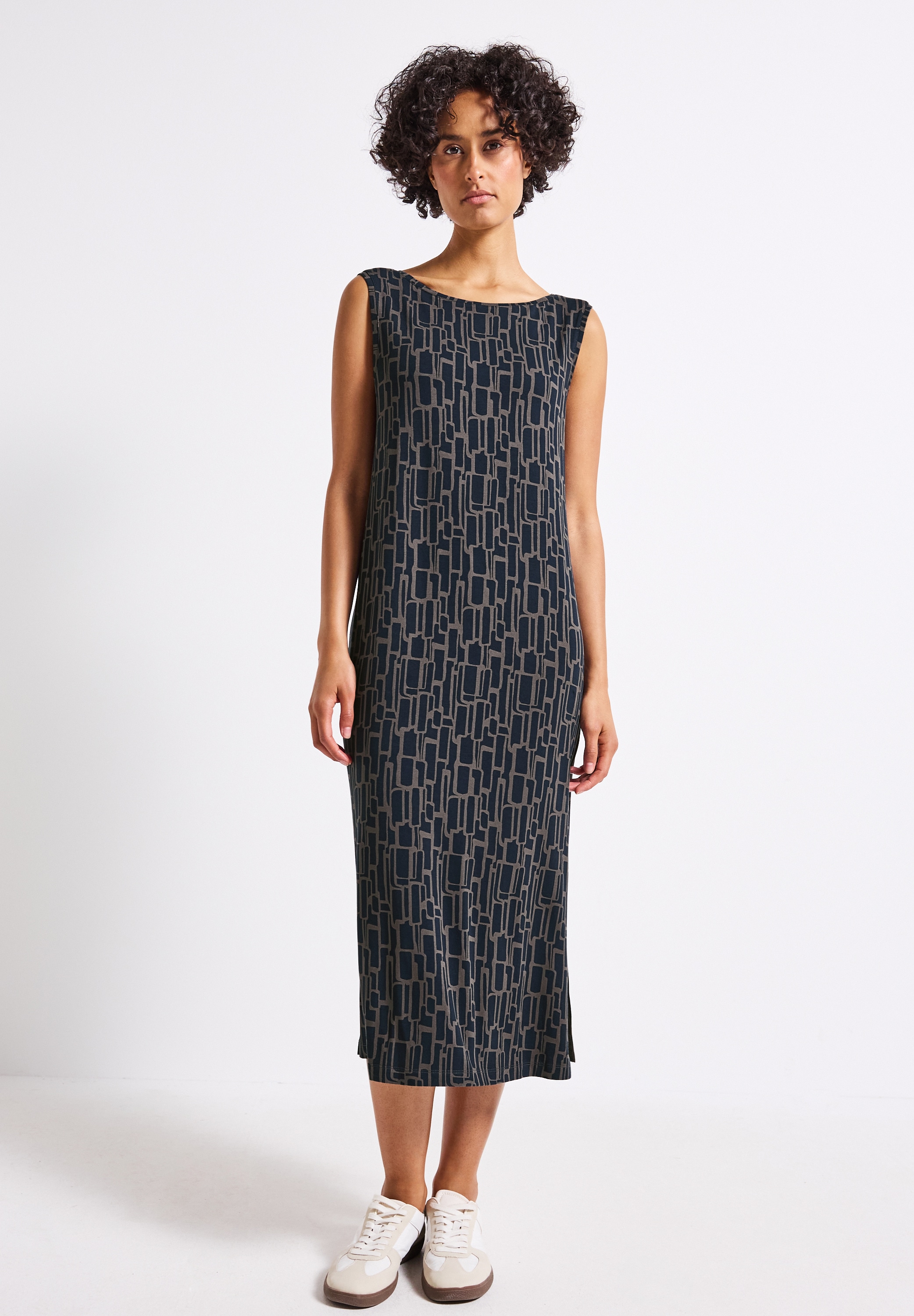 Jerseykleid STREET ONE, Damen, Gr. 36, EURO-Größen, blau (deepwater blau), Jersey, 95% Viskose, 5% Elasthan, gemustert, normal kniebedeckend, Rundhals, abgesteppt, Kleider Jerseykleid, aus Viskose