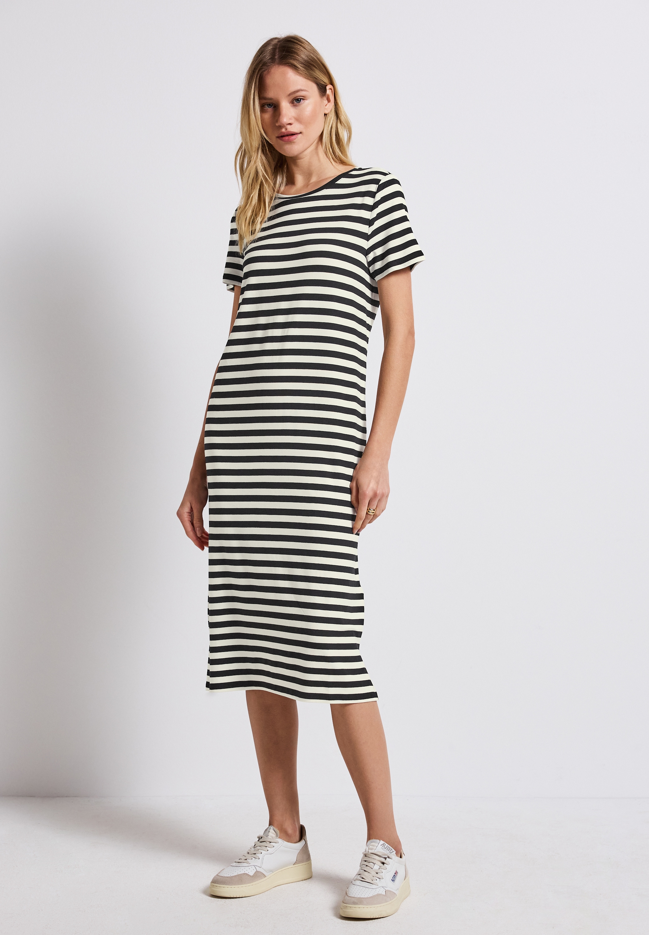 Shirtkleid STREET ONE, Damen, Gr. 40, EURO-Größen, schwarz, Stoff, 95% Viskose, 5% Elasthan, gestreift, normal knieumspielend, Rundhals, abgesteppt, Kleider Shirtkleid, mit Rundhalsausschnitt