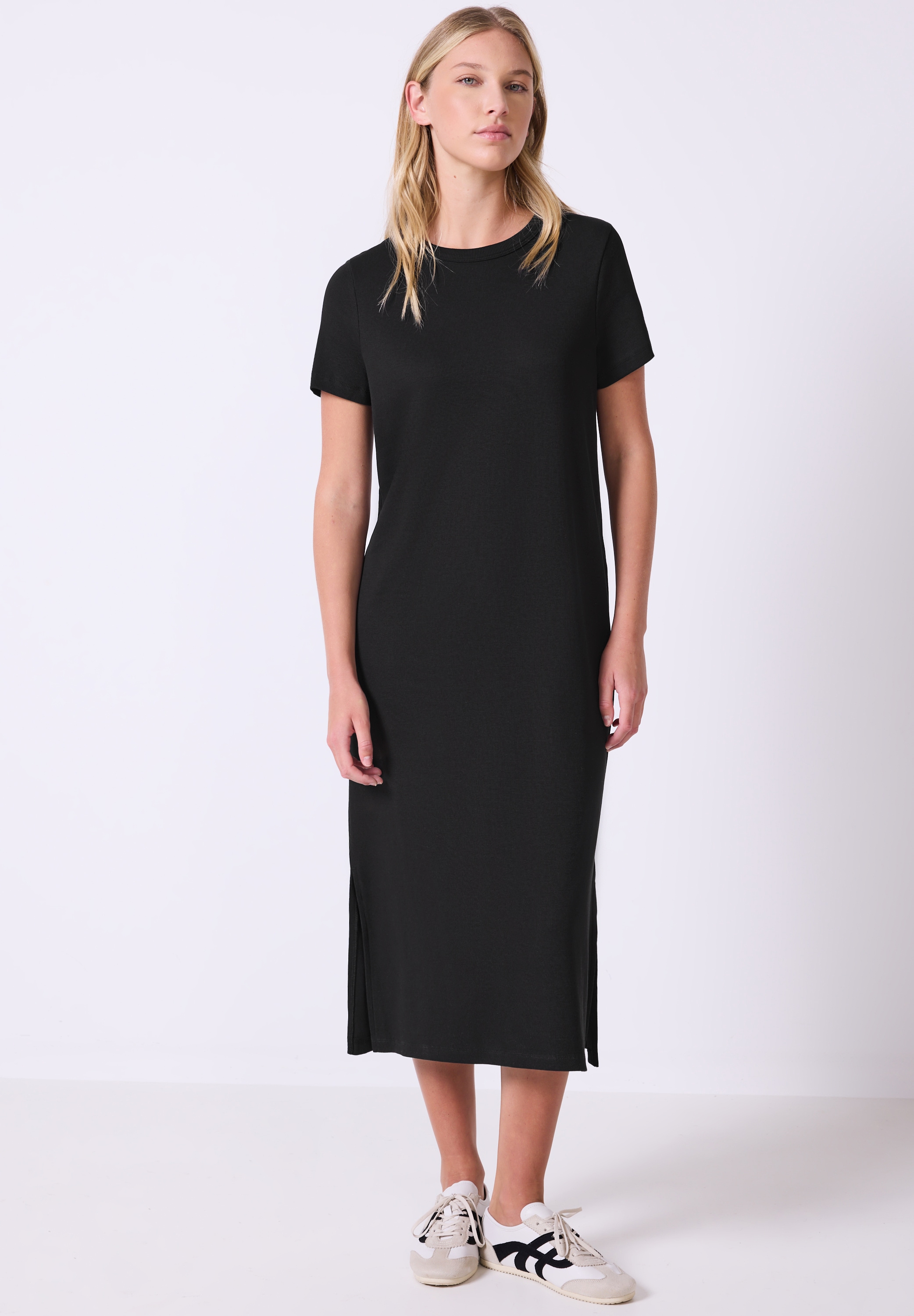 Midikleid STREET ONE STUDIO, Damen, Gr. 42, EURO-Größen, schwarz, Web, 95% Baumwolle, 5% Elasthan, unifarben, normal wadenlang, Rundhals, abgesteppt, Kleider Midikleid, mit Rundhalsausschnitt