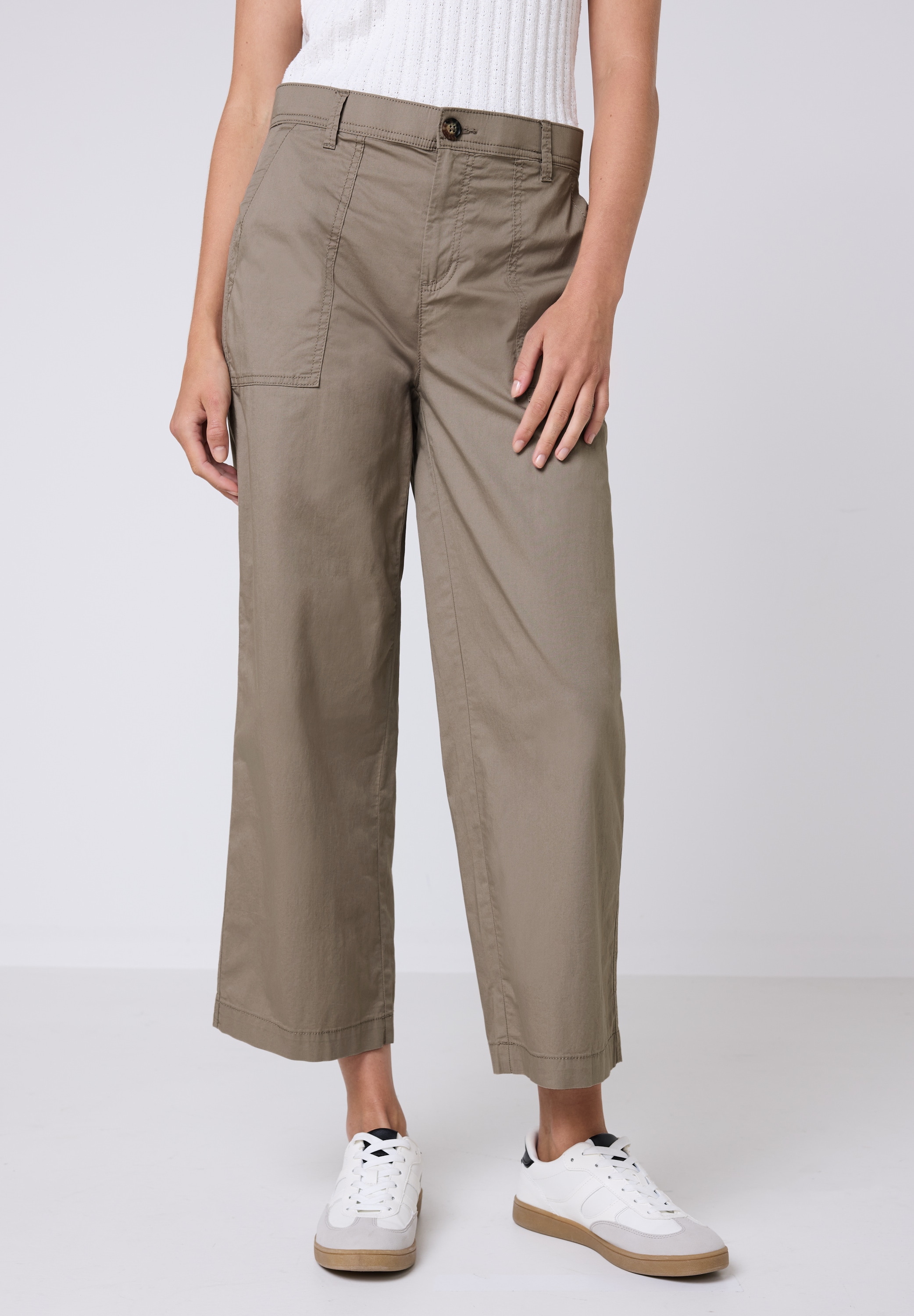 Cargohose STREET ONE STUDIO, Damen, Gr. 44, Länge 28, beige (schwarz sandshell beige), Web, 98% Baumwolle, 2% Elasthan, unifarben, normal knöchelfrei, Hosen Cargohose, aus Baumwolle mit Stretchanteil