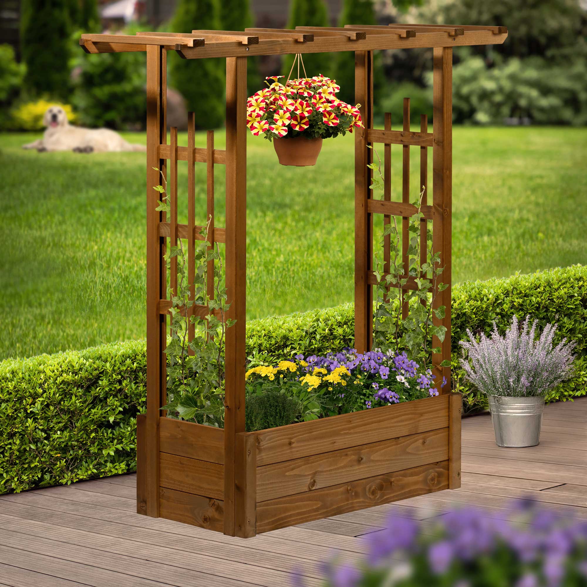 Hochbeet DOBAR "Pflanzkasten "Pergola" aus Holz, Braun", braun, B:117cm H:119cm T:39cm, Massivholz, Pflanzgefäße, Der Rankkasten ist ca. 117 x 39 x 119 cm (LxBxH) groß und ca. 9,86 kg Image