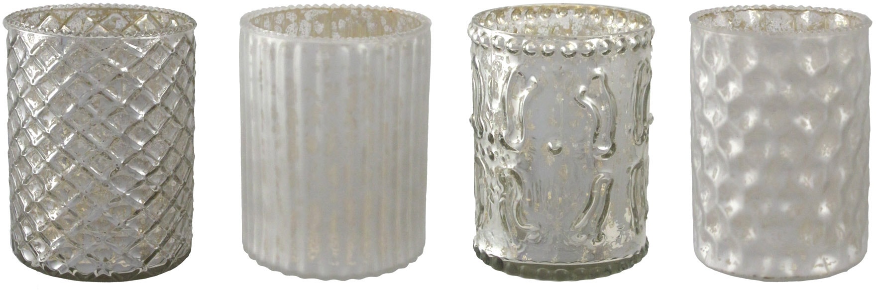 Windlicht CREATIV DECO, silber (silberfarben), H:10cm Ø:8cm, Glas, Kerzenhalter, Windlicht, mit unterschiedlich strukturierten Oberflächen, 4er Set, H: ca. 10 cm