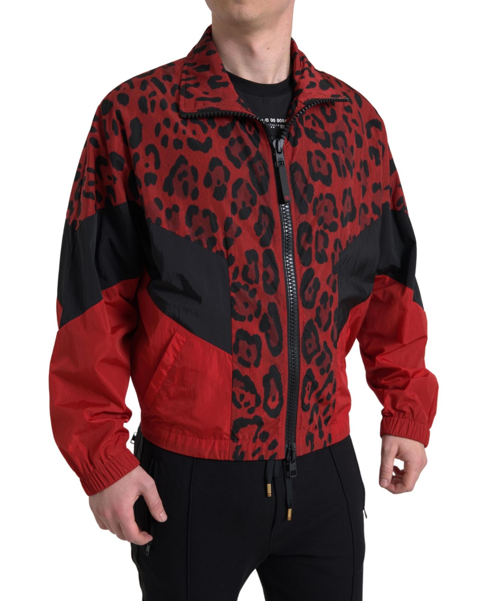 Dolce & Gabbana Herren Roter Leoparden Nylon Vollzip-Pullover Image