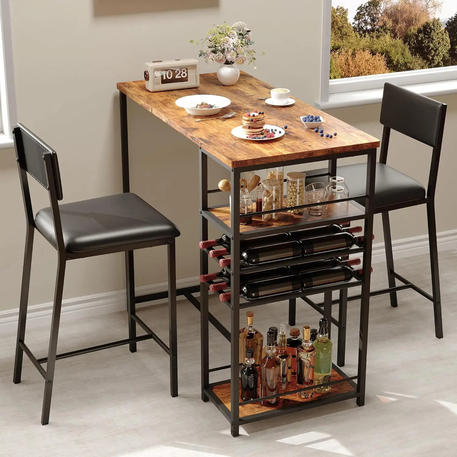 Ensemble de Table à manger pour 2 chaises rembourrées, étagères de rangement ouvertes, porte-gobelet et casier à vin intégrés pour appartements de cuisine