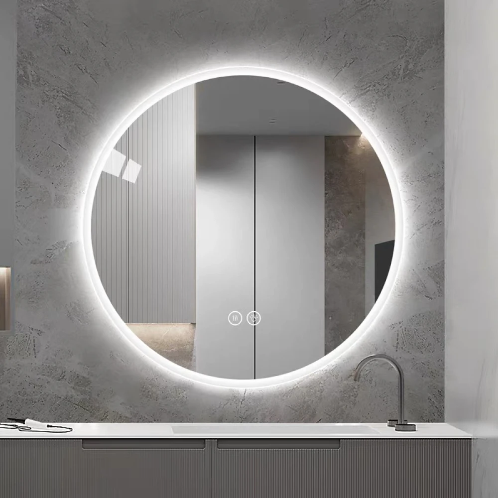 Moderner runder LED-Spiegel von 80 cm: Antibeschlag, verstellbare Beleuchtung. Ein eleganter, intelligenter Kosmetikspiegel für die Wanddekoration im Badezimmer oder im Schlafzimmer.