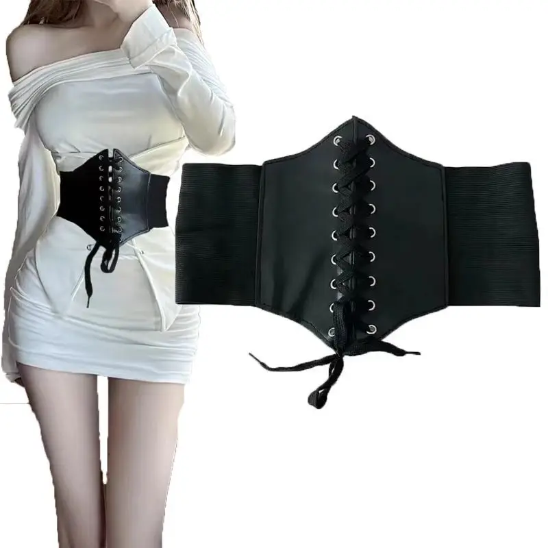 Japanischer Retro-Wildledergürtel im dunklen Gothic-Stil für Damen, breite Taille, elastische Taille, schlankmachend, mit Rock-Oberbekleidung Image