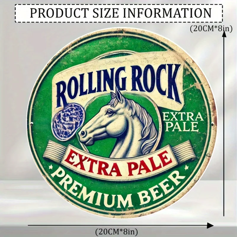 1 Stück Vintage Rolling Rock Beer Aluminium-Wandkunstschild – 7,8 Zoll rundes Retro-Metalldekor mit extra blassem Logo und Pferdedign, Ind Image