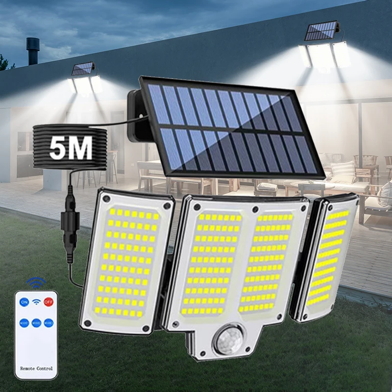 280 LED-Solar-Wandleuchte für den Außenbereich, 3 Köpfe, Solar-Bewegungsmelder-Licht mit Fernbedienung, 3 Modi, Solar-Flutlicht für Terrasse, Garage
