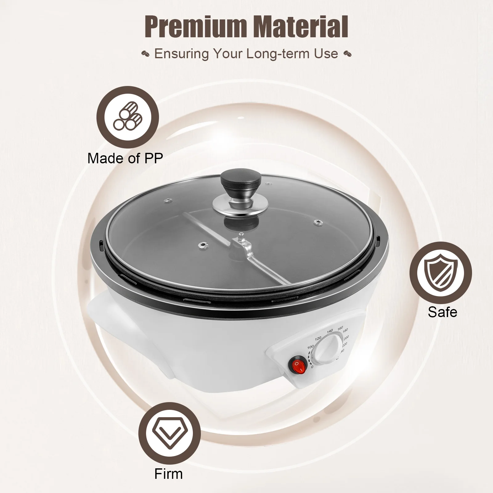 Elektrischer Kaffeeröster, Kaffeebohnen-Backmaschine, 500 g/1,1 lbs, PP-Glas, einstellbare Temperatur 0–240 ° C Tragbares, leicht zu reinigen Image