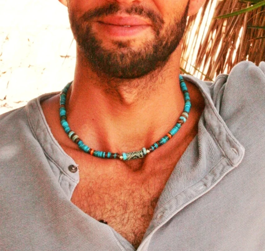 Nische Vintage Herren Halskette Boho Resort Wind Türkis Metall Mix Muster Stein Perlen Schlüsselbein Kette