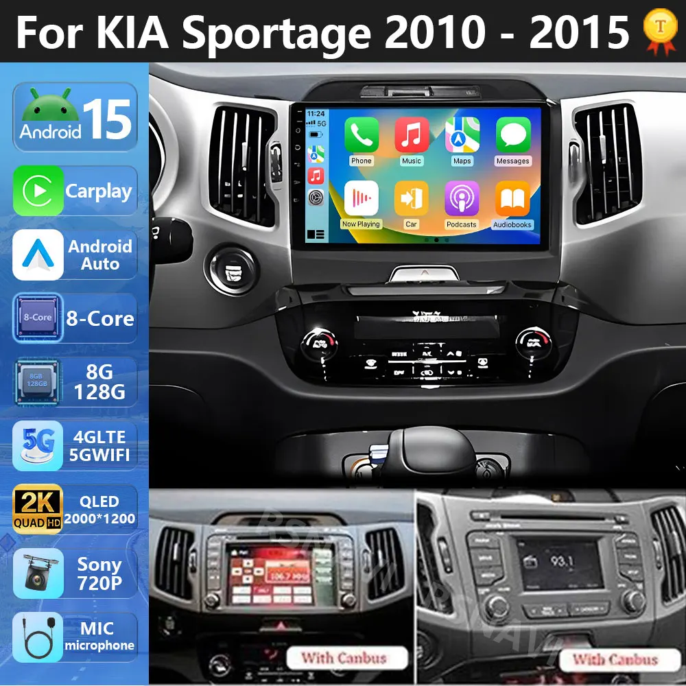 Stecker und Spielen Android 15 Für Kia Sportage 3 SL 2010-2016 2K QLED Auto Radio Multimedia Video Player GPS Stereo CarPlay 4G Image