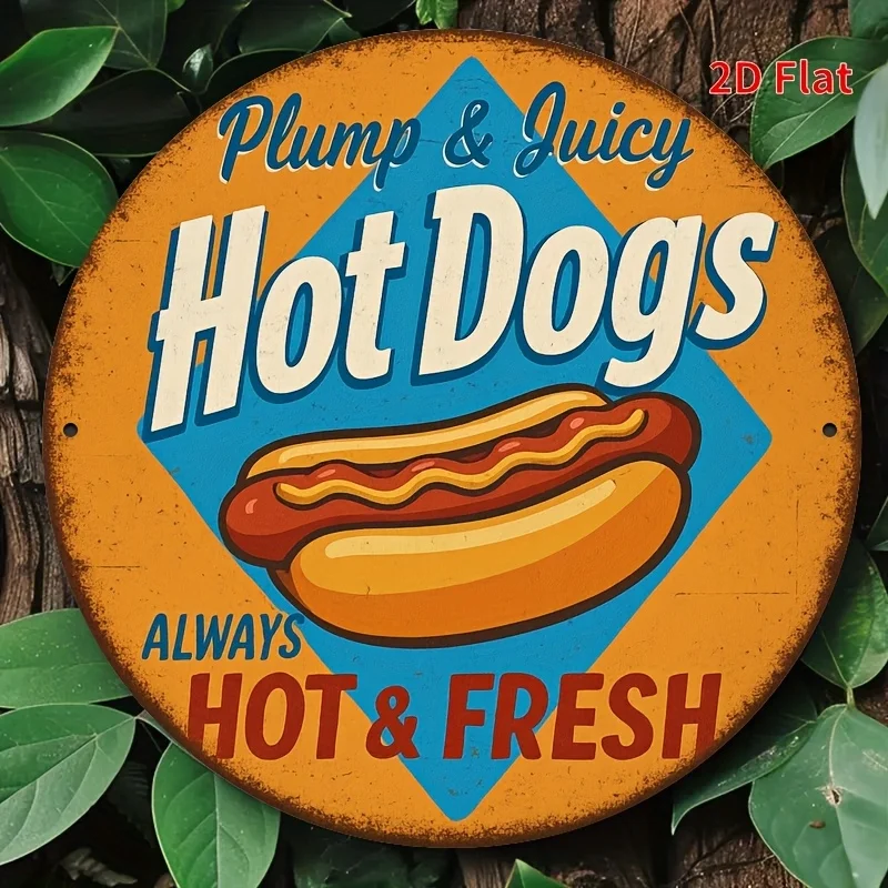2D Flat, 1 Stück 8x8 Zoll rundes Aluminium-Wandkunstschild – Vintage-Retro-Hotdog-Dekor mit „Plump & Juicy Dogs Always Hot & Fresh“ De Image
