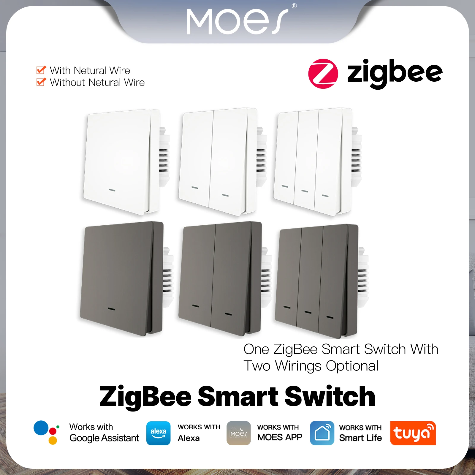 MOES Tuya ZigBee Smart Lichtschalter Kein Neutralleiter Kein Kondensator erforderlich Smart Life 2/3-Wege Funktioniert mit Alexa Google Home 2mqtt Image