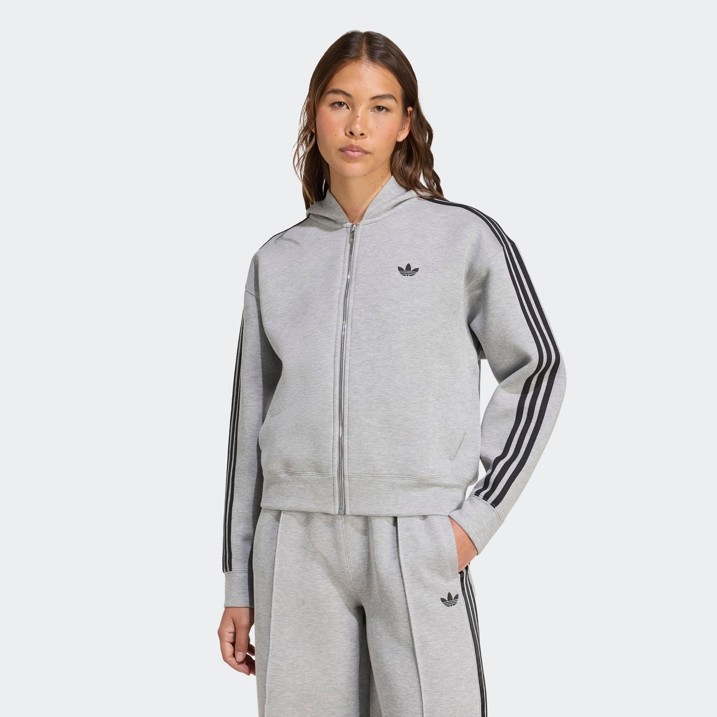 Sweatjacke ADIDAS ORIGINALS "SPACER 3S FZ", Damen, Gr. XL, grau (medium grau heather), Obermaterial: 53% Baumwolle, 47% Polyester, Sweatjacken Sweatjacke