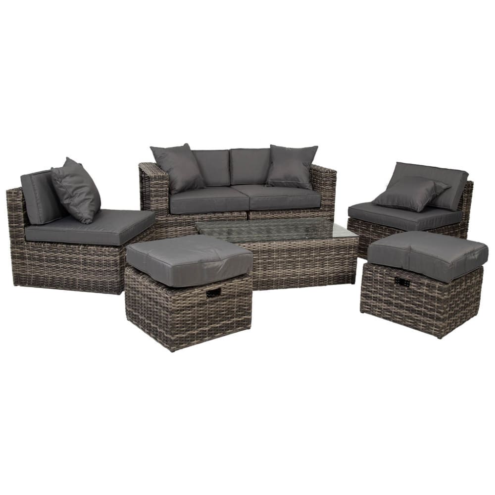 Set tavolo grigio, divano, 2 poltrone e 2 poggiapiedi