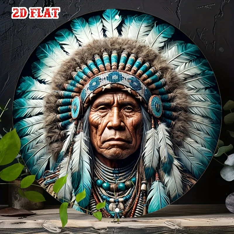 2D flach 1 Stück Indianer Aluminium Metall Blechschild, Vintage rundes Aluminiumschild, Retro 20,32 x 20,32 cm rundes Aluminiumschild – Federrost