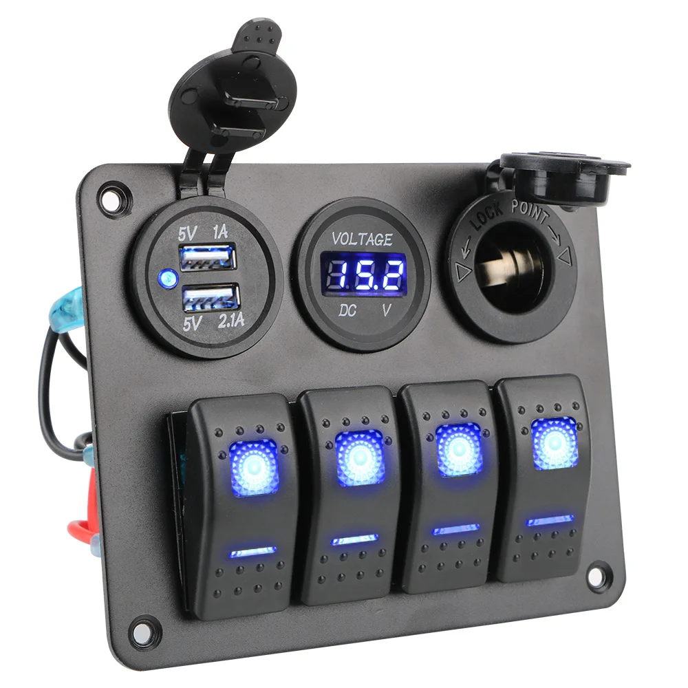 Panneau de commutation à 4 gangs pour voiture, camping-car, caravane, camping-car, double Port USB, voltmètre numérique, disjoncteur, panneau de prise à bascule LED