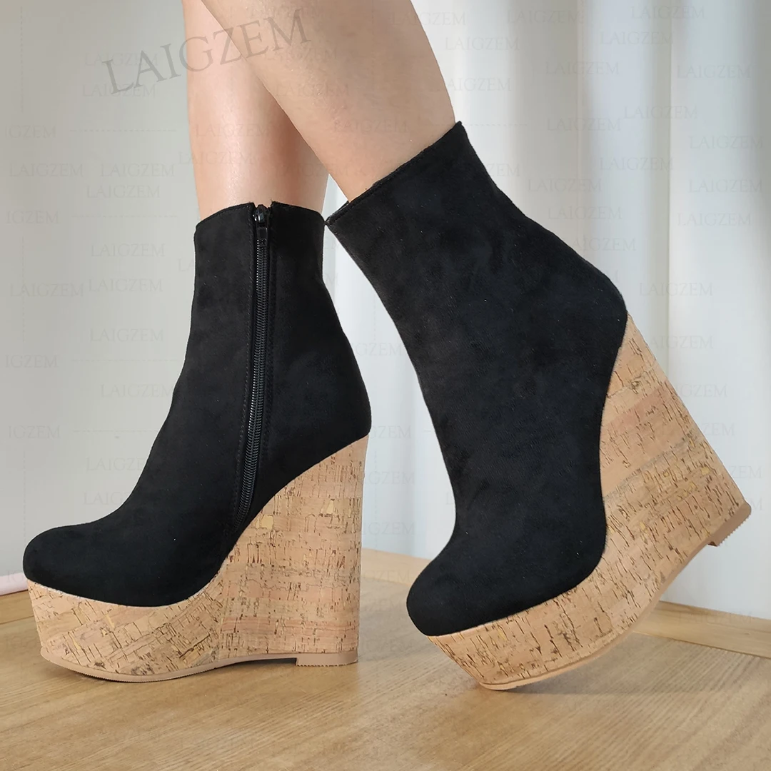 LAIGZEM Damen-Stiefeletten mit Plateausohle, seitlicher Reißverschluss, kurze Stiefel aus Wildlederimitat, Erhöhung der Höhe, Damenschuhe, große Größe 39, 41, 43, 45, 52