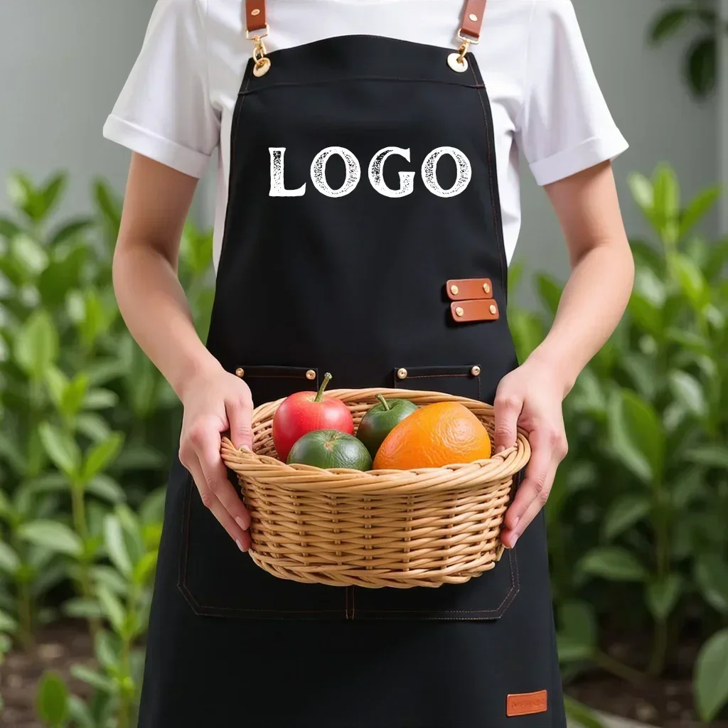 Kundenspezifische Logo-Arbeitsschürze, ölbeständige, verdickte Schürze mit Tasche für Restaurant, Schönheit, Friseur, Café, Kellner, Arbeitsuniform Image