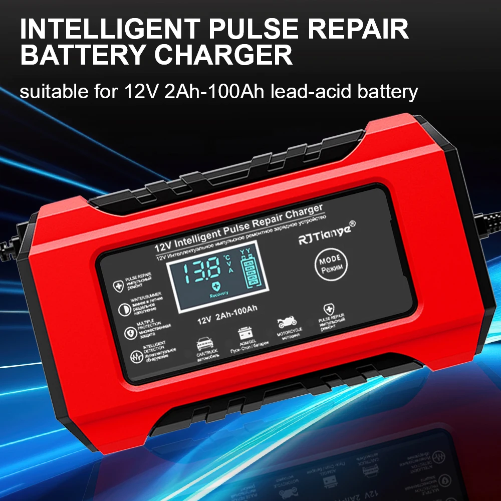 EU-Stecker Auto-/Motorrad-Ladegerät, digitaler Bildschirm, geeignet für Blei-Säure-Batterien, intelligentes Batterieladegerät 12 V, 6 A