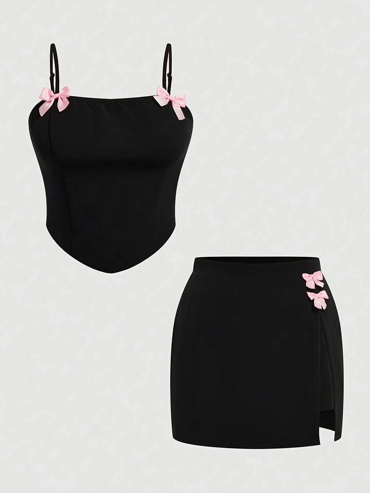 Neue Große Größe Schlank Bogen Dekoration Hosenträger + Schlitz Rock Anzug Sommer Elegante Süße Party Schwarz Set Mini Rock Geburtstag kleid