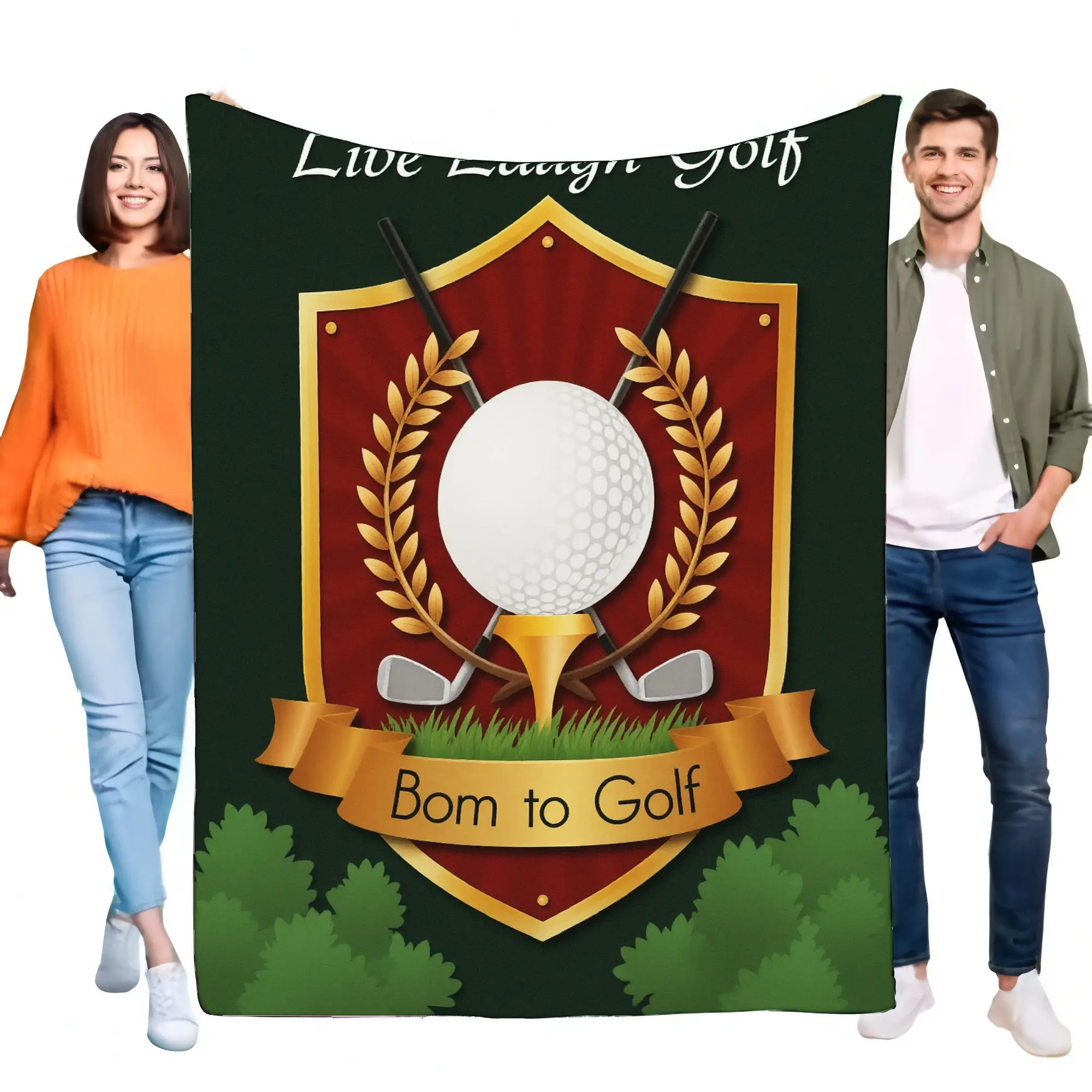 Golfdecke, dekorativer Überwurf mit grünem Hintergrund, rotem Schild-Emblem, weißer Golfball und gekreuzten Schlägern, „Born to Golf“-Banner, Image