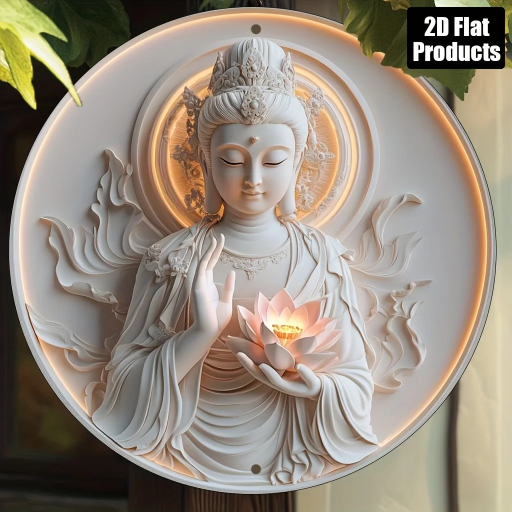 2D Flat – 8 x 8 Zoll runde Aluminium-Wandkunst – Buddha mit Lotusblüten-Design, hochauflösendes Vintage-Dekor für Zuhause, Büro
