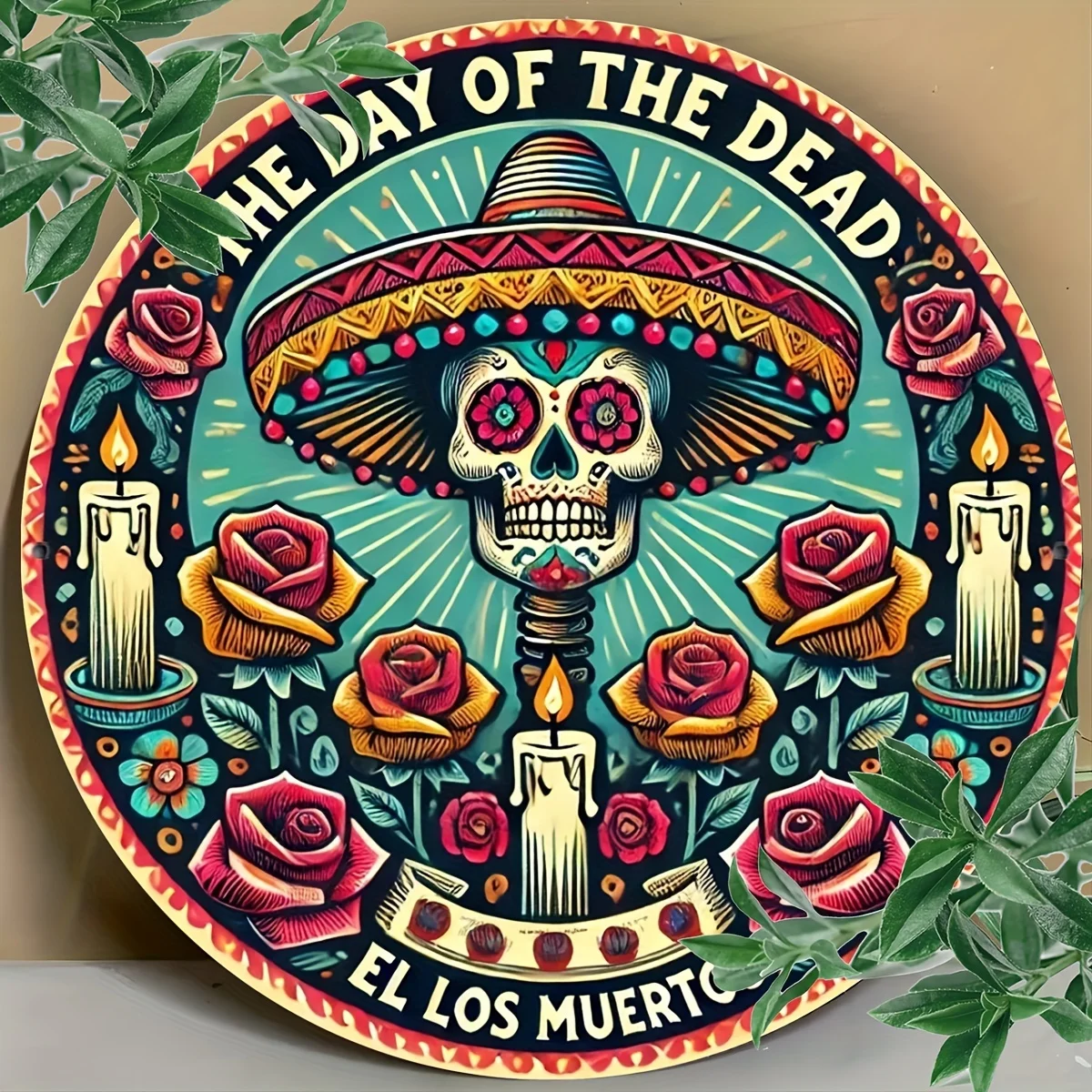 1 Stück, 20,3 x 20,3 cm, Dia de los Muertos Zuckerschädel-Kranzschild, runde Dekoration für Zuhause, Veranda, Wand, Fenster – multifunktional für den Außenbereich Image