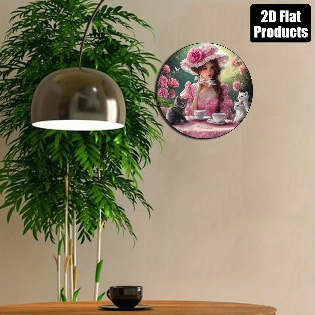 2D Flat, 1 Stück Wandkunst-Dekor im viktorianischen Stil – 20,3 x 20,3 cm großes rundes Aluminiumschild mit eleganter Dame in rosa Kleid, Katzen und Blumen-Des Image