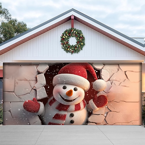 Weihnachtliches Garagentor-Dekor mit Schneemann-Motiv, der eine Mauer durchbricht – große, hängende Kulisse für Weihnachtsfeiern im Garten mit festlichem Schnee und weihnachtlicher Stimmung.