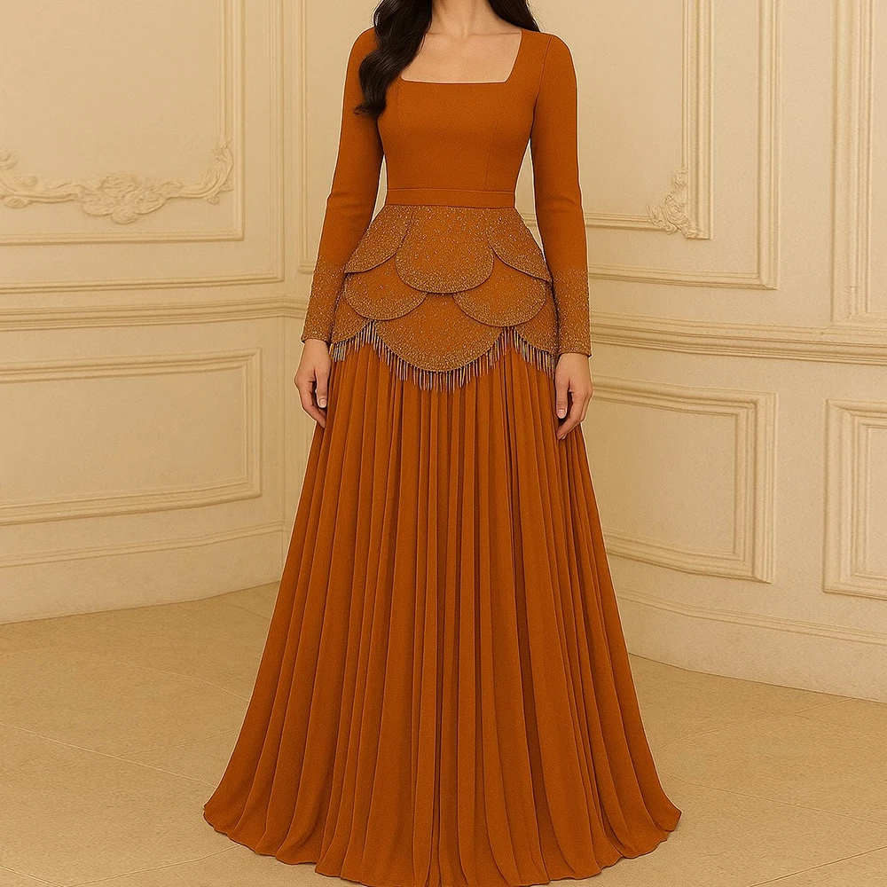 Customized A-line Evening Dresses Floor-length Square Collar Full Sleeve Prom Gown Simple Fashion Sequined Draped Party Gown