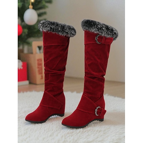 Burgunderrote Damenstiefel aus Kunstwildleder mit Fellfutter – warme, kniehohe Winterstiefel mit Schnallenriemen und weichem Futter, kuschelige Weihnachtsschuhe für kaltes Wetter Image