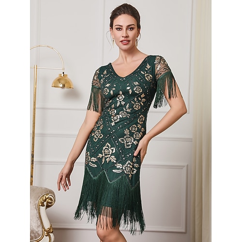 Retro Vintage Goldene Zwanziger 1920er Knielang Flapper Kleid Kurze Ärmel Der große Gatsby Pailletten Fransen Geometrisch V Ausschnitt Kostüm Damen Weihnachten Karneval Maskerade Retro-Mottoparty Image