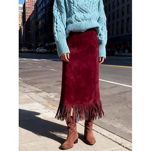 Damen Mode Lässig Midi Hohe Taille Röcke Einfach Quastenfransen Mikroelastisch Täglich Straße Wein Schwarz Leicht Braun Dunkelgrau Frühling Image