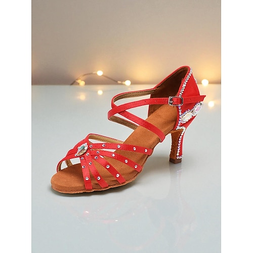 Rote Damen-Lateintanzschuhe mit Strasssteinen – professionelle Salsa-Tango-Sandalen mit Riemchendesign und kristallverzierten Absätzen für Wettbewerbe oder Auftritte Image