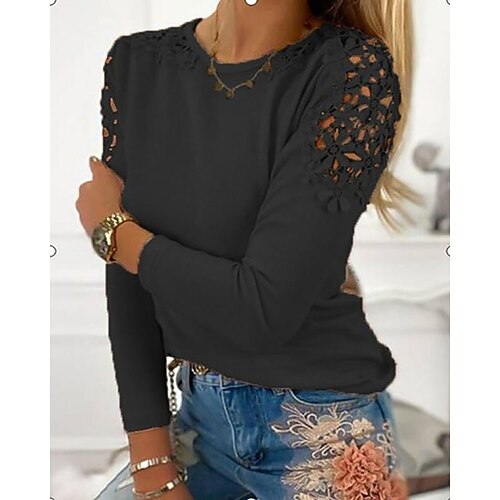 Per donna Blusa Traforato Semplice Elegante Casual Manica Lunga Girocollo Top Regolari Quotidiano Ferie Uscire Nero Verde Grigio Autunno Inverno