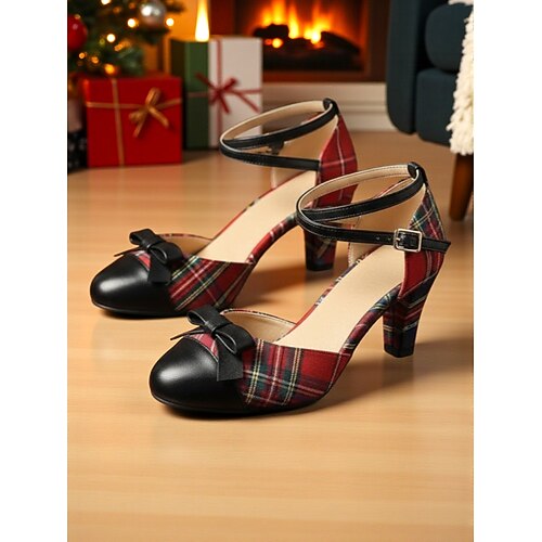 Damen-Sandalen mit Karomuster, Knöchelriemen und Schleifendetail – Vintage-Stil der 1950er Jahre, bequeme Blockabsätze für Weihnachten, festliche Anlässe und den Alltag Image