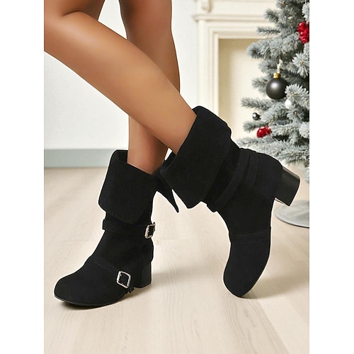 Grüne Damenstiefel mit Schnalle, mittelhoch – Retro-Weihnachtsstiefel im Elfenstil mit umklappbarem Schaft, Vintage-Festtagsmode für Winterpartys Image