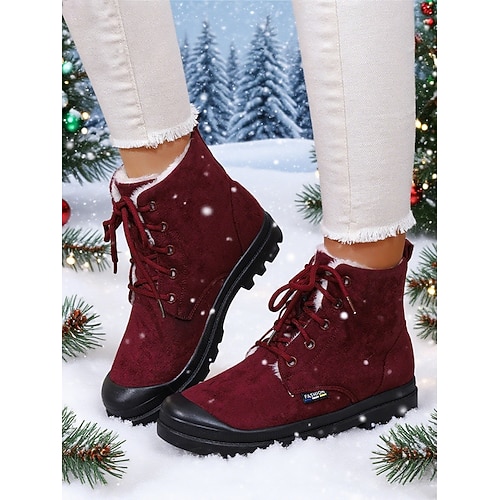 Damen-Winterstiefel in Weinrot mit Schnürung – warme, fleecegefütterte Stiefeletten, rutschfeste Outdoor-Schuhe für Weihnachten, Schnee und den Alltag Image