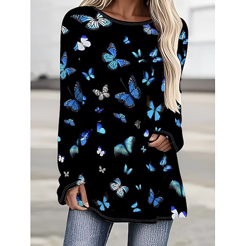 Damen T Shirt Druck Grafik Tiermotiv Schmetterling Vintage Stilvoll Klassisch Langarm Rundhalsausschnitt Rundhals Normale Oberteile Täglich Schwarz Orange Frühling Herbst Image