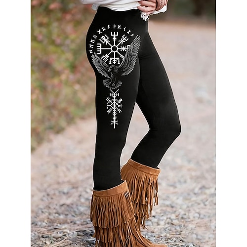 Damen Viking Boho Leggings Urlaub Vintage Ethno-Stil Volleng Hochschnitt Grafisch Buchstaben Schnell trocknend Atmungsaktiv Weich Dehnbar Formal Outdoor Urlaub Schwarz Frühling Herbst Winter Slim Fit Image