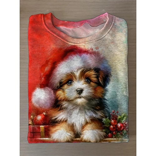 Weihnachten Damen T-Shirt Grafik Tier Vintage Mode Stilvoll Langarm Rundhalsausschnitt Reguläre Oberteile Täglich Wochenende Druck Grau Rot Rot Marineblau Blau Dunkelgrün Herbst Winter Image