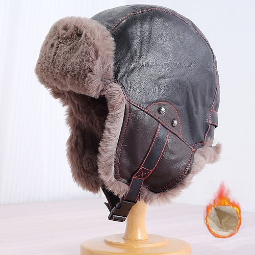 Herren Trappermütze Wintermützen Schwarz Gelb PU-Leder Fleece Mode Moderne zeitgenössische Alltagskleidung Date Farbblock Thermowarm Winddicht Image